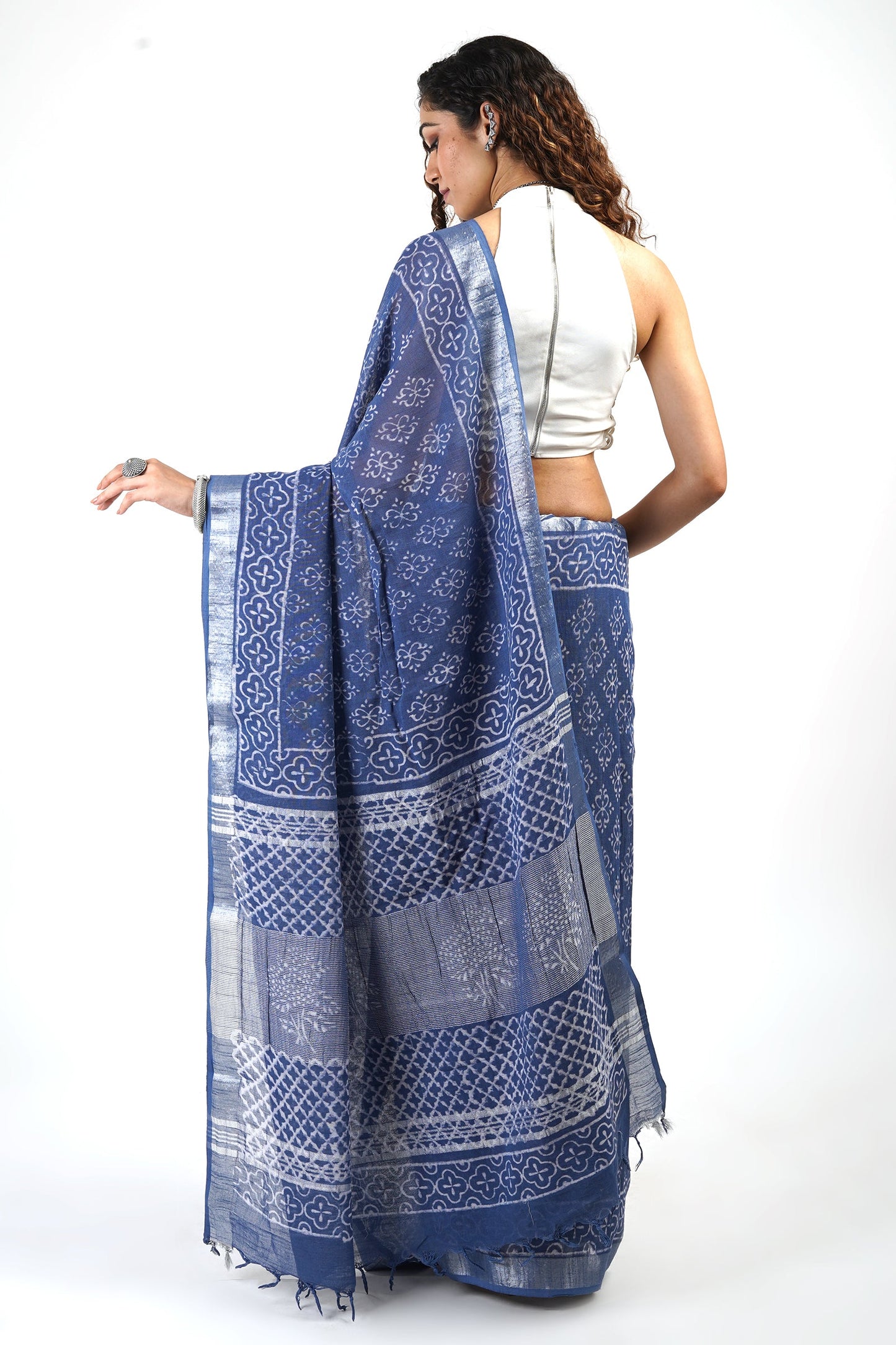 Heritage Aasmani Blue Block Print Linen Cotton Saree With Blouse Piece