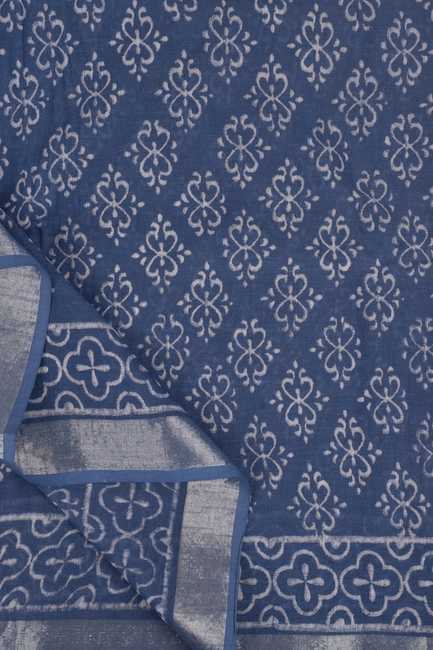 Heritage Aasmani Blue Block Print Linen Cotton Saree With Blouse Piece