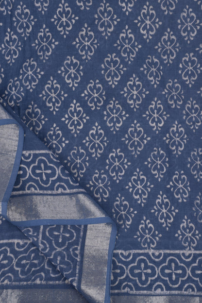 Heritage Aasmani Blue Block Print Linen Cotton Saree With Blouse Piece