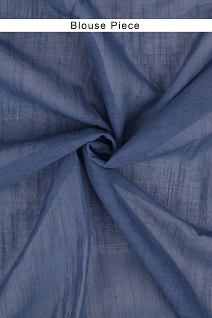 Heritage Aasmani Blue Block Print Linen Cotton Saree With Blouse Piece