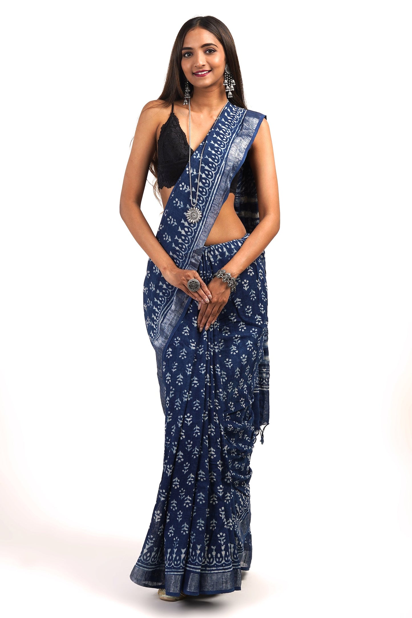 Heritage Shaniya Indigo Linen Saree with Blouse Piece
