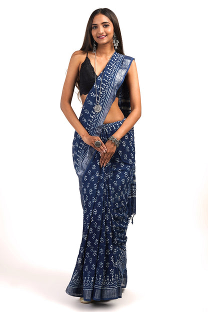 Heritage Shaniya Indigo Linen Saree with Blouse Piece