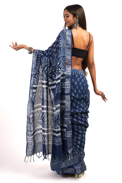 Heritage Shaniya Indigo Linen Saree with Blouse Piece