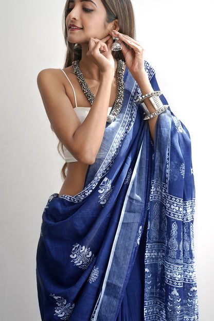 Heritage Imara Dark Blue Block Print Linen Saree With Blouse Piece
