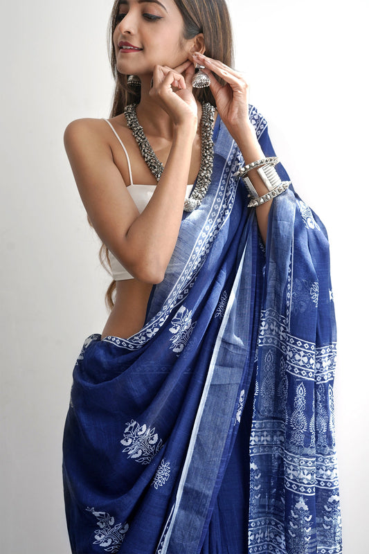 Heritage Imara Dark Blue Block Print Linen Saree With Blouse Piece