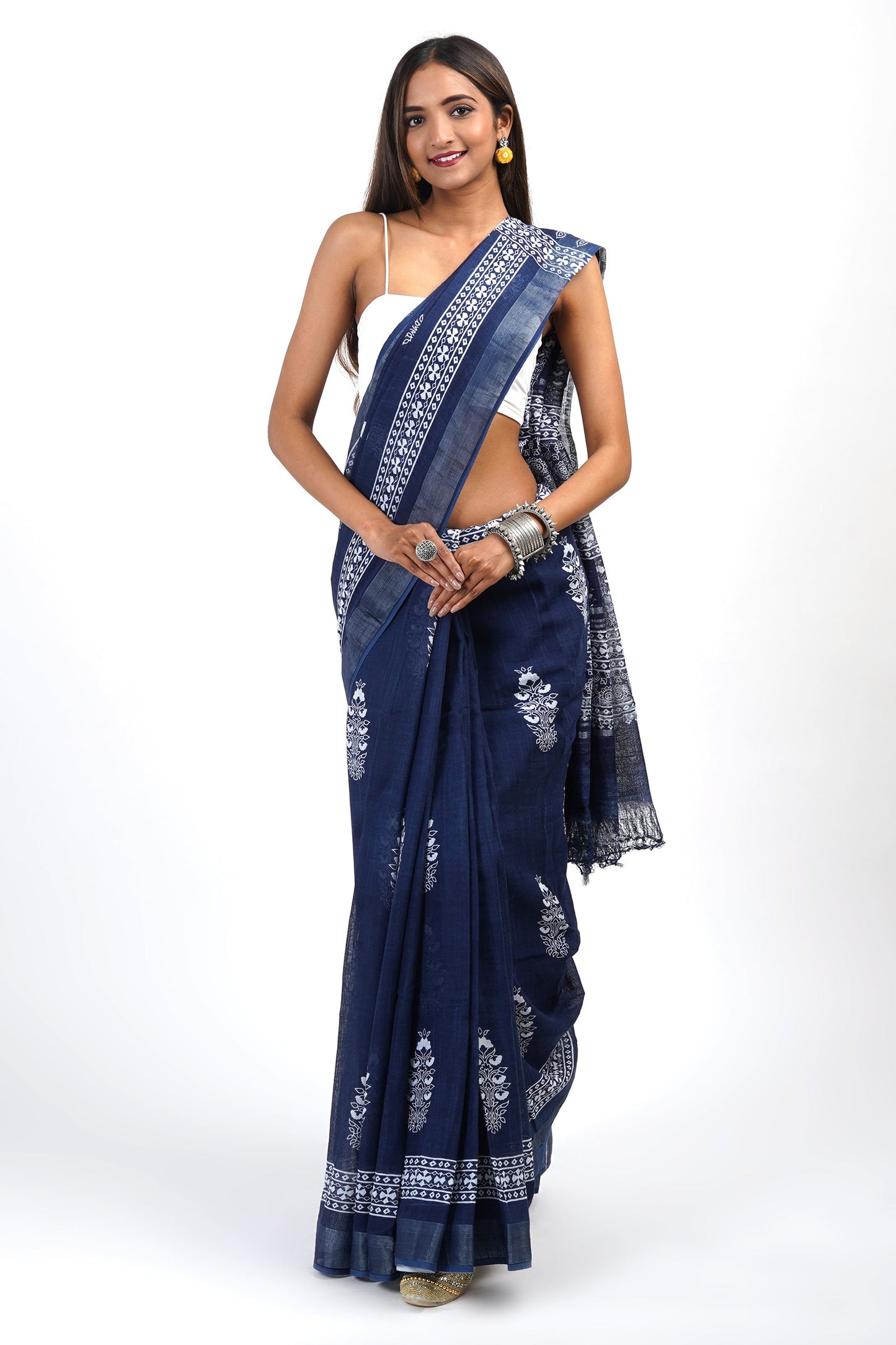Heritage Imara Dark Blue Block Print Linen Saree With Blouse Piece
