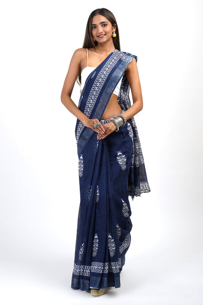 Heritage Imara Dark Blue Block Print Linen Saree With Blouse Piece
