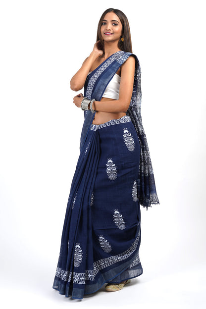 Heritage Imara Dark Blue Block Print Linen Saree With Blouse Piece