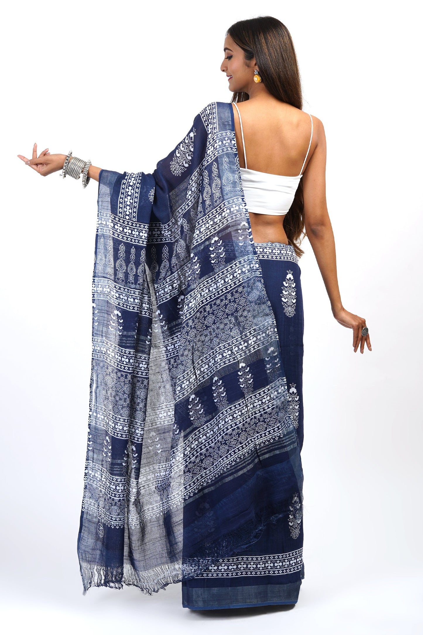 Heritage Imara Dark Blue Block Print Linen Saree With Blouse Piece