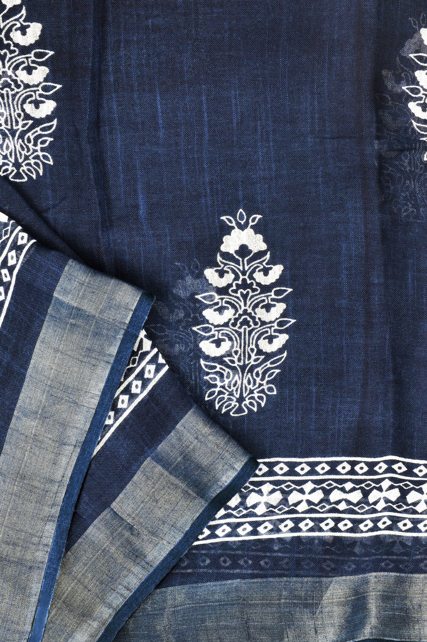 Heritage Imara Dark Blue Block Print Linen Saree With Blouse Piece
