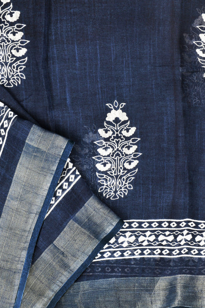 Heritage Imara Dark Blue Block Print Linen Saree With Blouse Piece