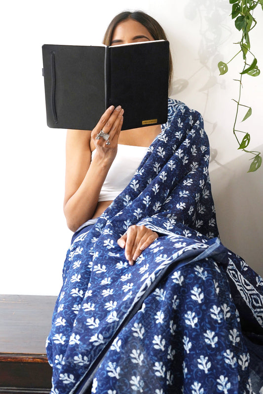 Heritage Bahaar Dark Blue Block Print Linen Saree With Blouse Piece