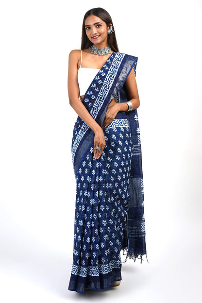Heritage Bahaar Dark Blue Block Print Linen Saree With Blouse Piece
