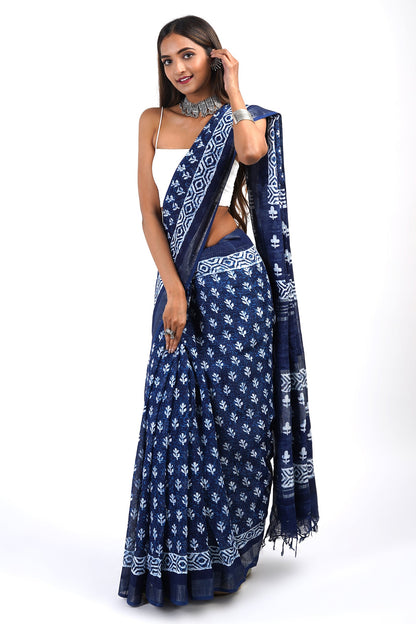 Heritage Bahaar Dark Blue Block Print Linen Saree With Blouse Piece