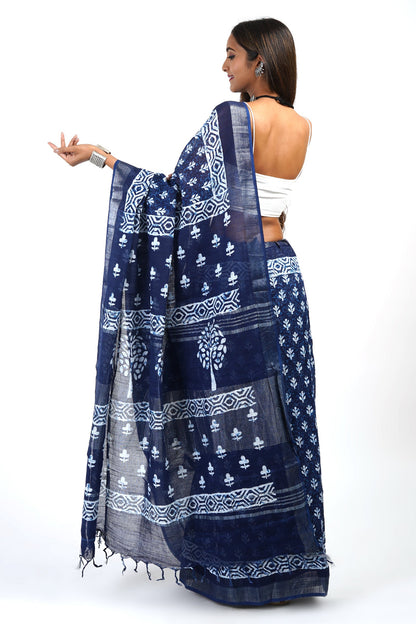 Heritage Bahaar Dark Blue Block Print Linen Saree With Blouse Piece