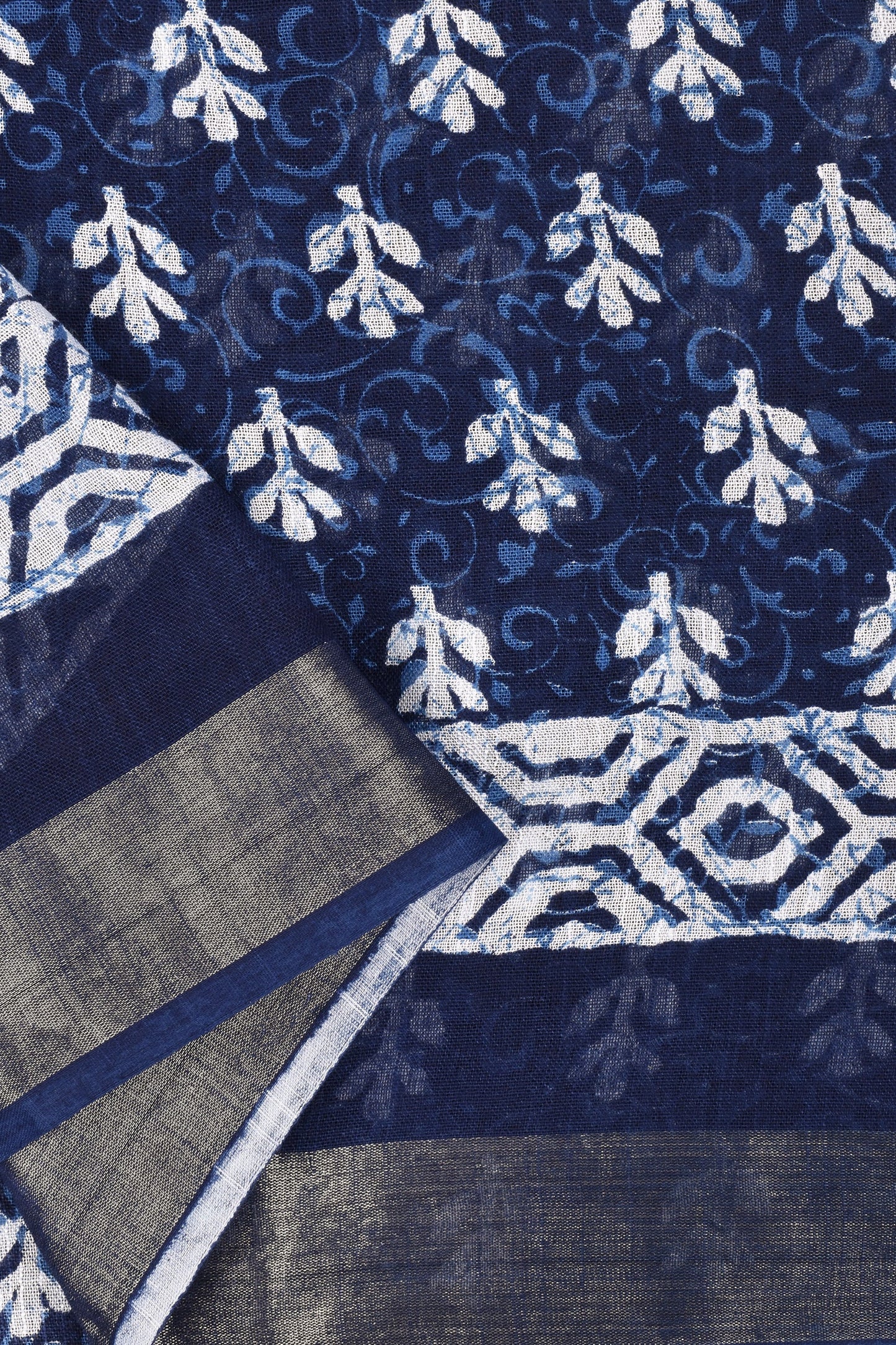 Heritage Bahaar Dark Blue Block Print Linen Saree With Blouse Piece