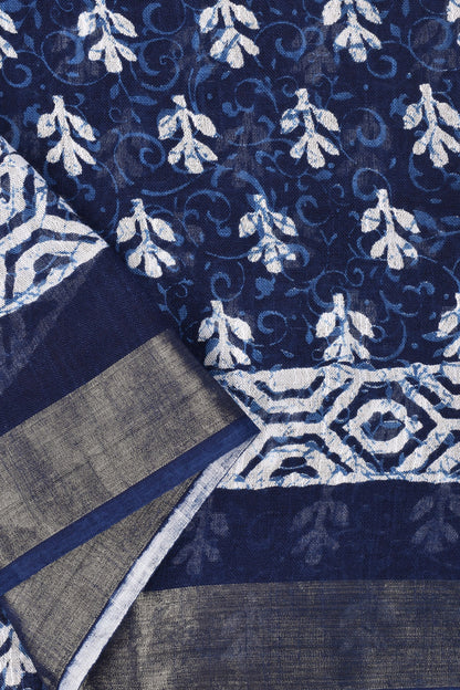 Heritage Bahaar Dark Blue Block Print Linen Saree With Blouse Piece