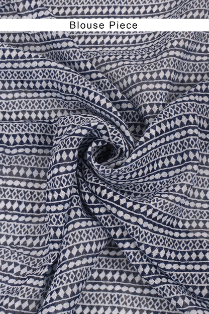 Heritage Bahaar Dark Blue Block Print Linen Saree With Blouse Piece