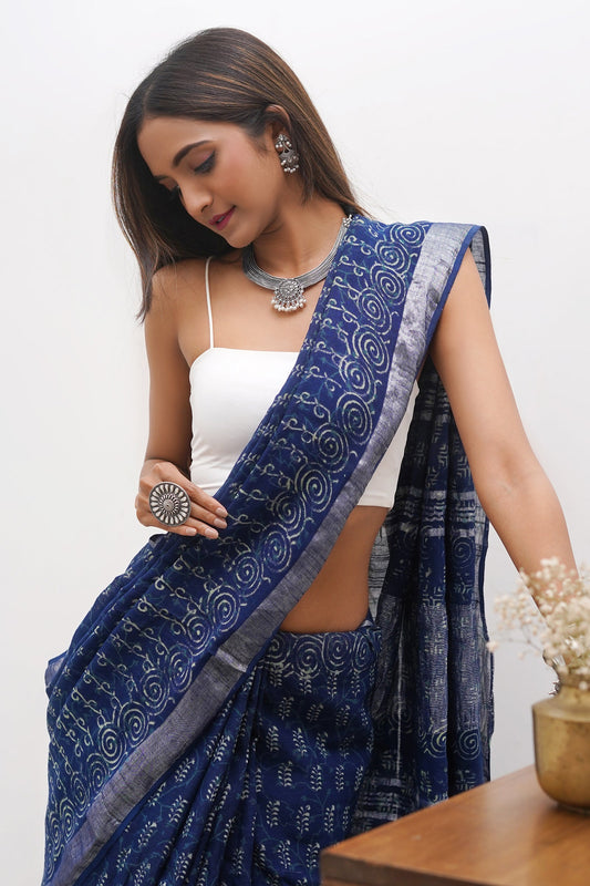 Heritage Gaurangi Indigo Print Linen Saree With Blouse Piece