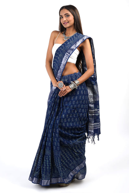 Heritage Gaurangi Indigo Print Linen Saree With Blouse Piece