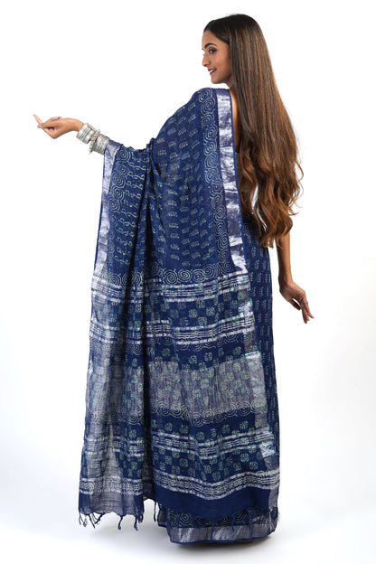Heritage Gaurangi Indigo Print Linen Saree With Blouse Piece
