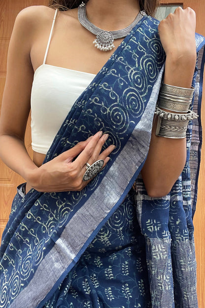 Heritage Gaurangi Indigo Print Linen Saree With Blouse Piece
