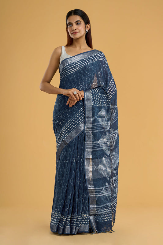 Heritage Sapphire Mist Linen Saree