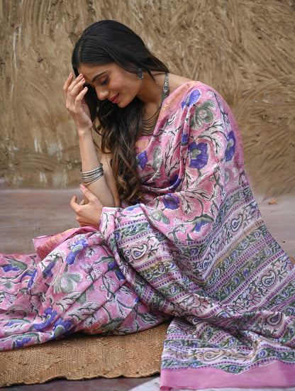 Sanganer Summers. Hand Block Printed Maheshwari Silk Cotton Saree - Mauve Florals