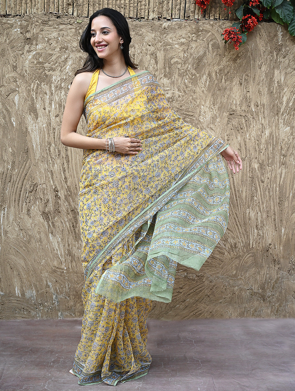 Sanganer Summers : Hand Block Printed Kota Doria Saree - Peet Pushpjaal