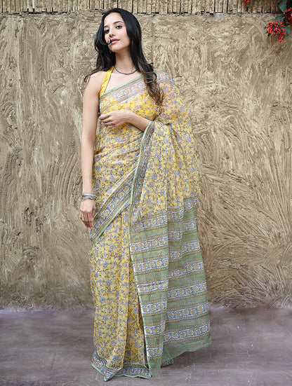 Sanganer Summers : Hand Block Printed Kota Doria Saree - Peet Pushpjaal