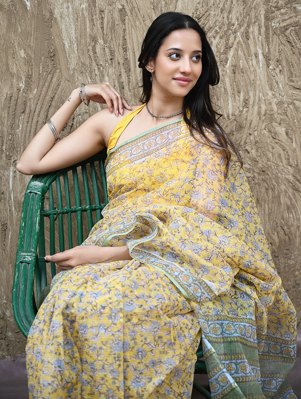 Sanganer Summers : Hand Block Printed Kota Doria Saree - Peet Pushpjaal