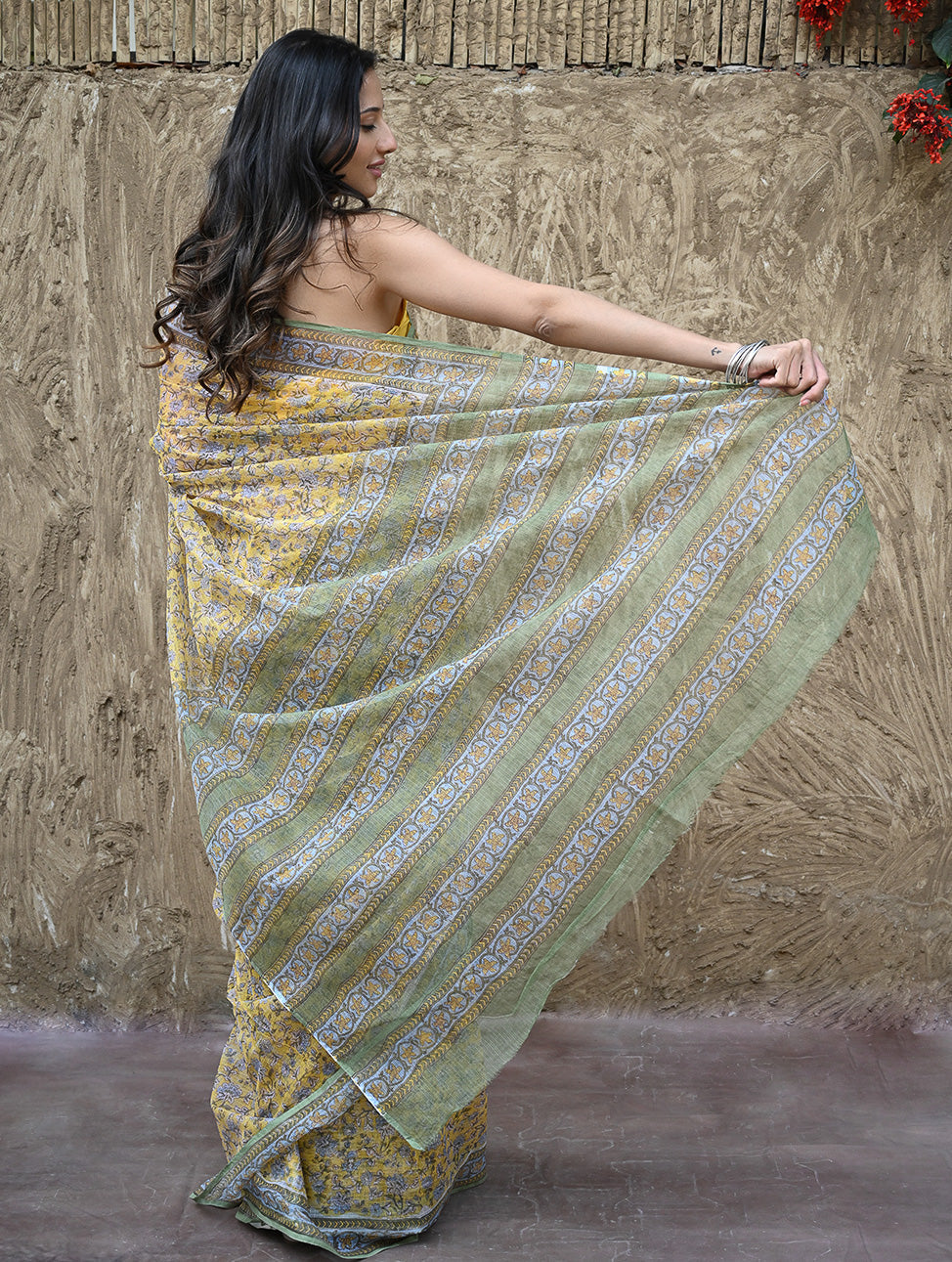 Sanganer Summers : Hand Block Printed Kota Doria Saree - Peet Pushpjaal