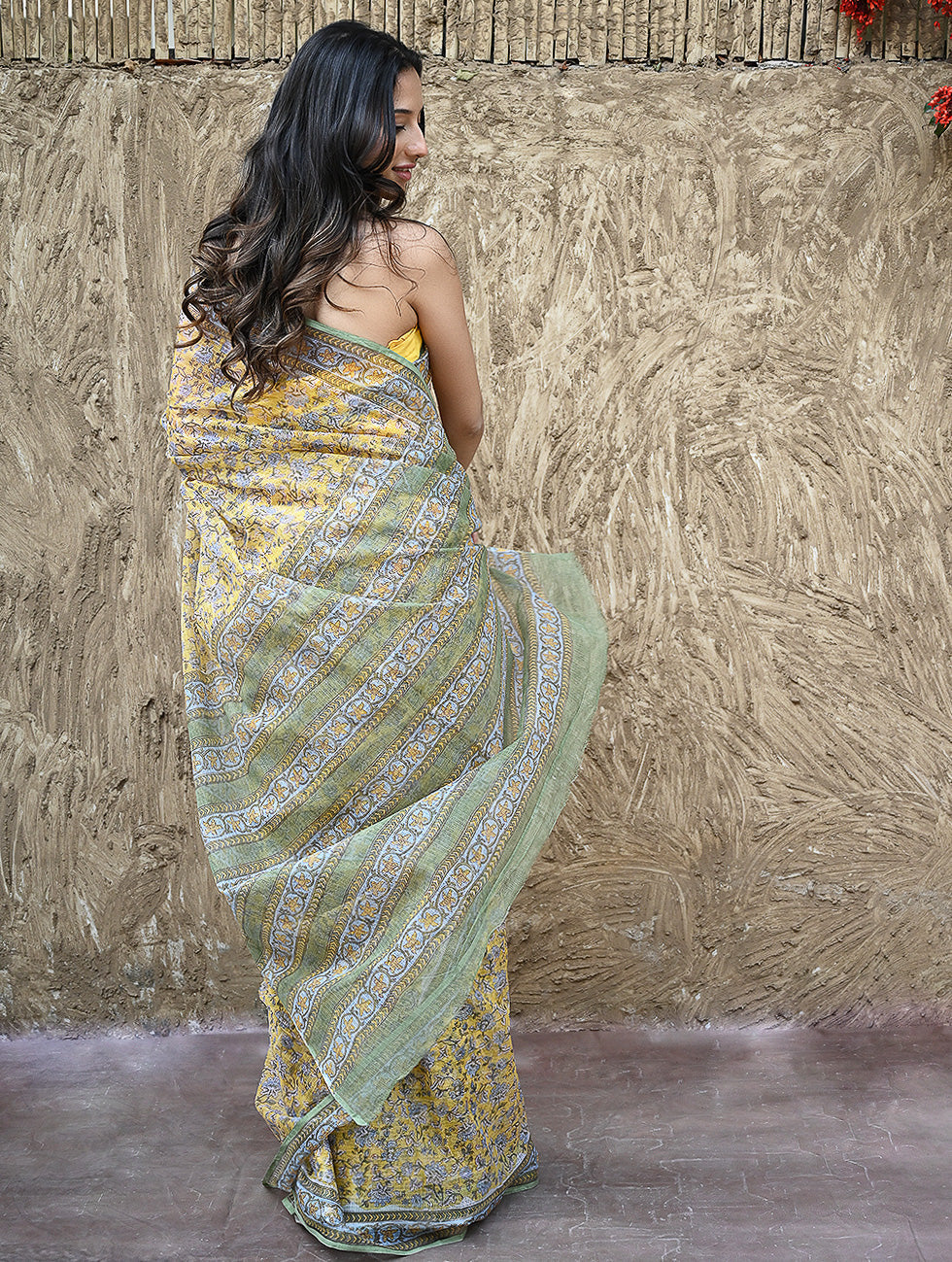 Sanganer Summers : Hand Block Printed Kota Doria Saree - Peet Pushpjaal