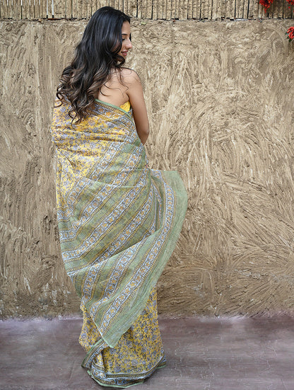 Sanganer Summers : Hand Block Printed Kota Doria Saree - Peet Pushpjaal