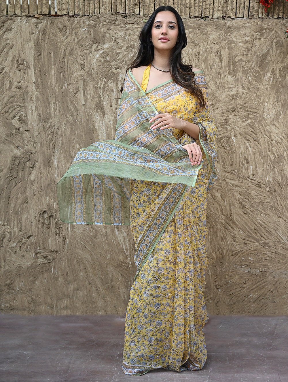 Sanganer Summers : Hand Block Printed Kota Doria Saree - Peet Pushpjaal