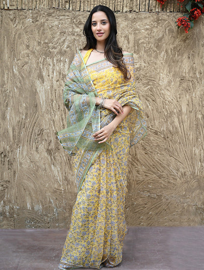 Sanganer Summers : Hand Block Printed Kota Doria Saree - Peet Pushpjaal