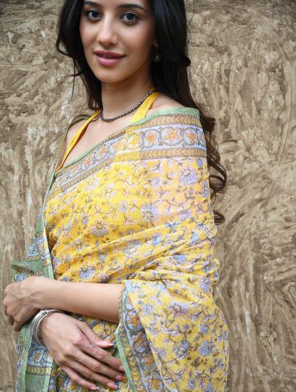 Sanganer Summers : Hand Block Printed Kota Doria Saree - Peet Pushpjaal