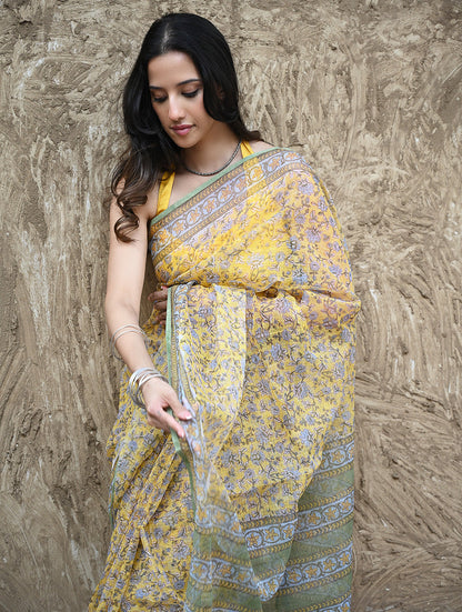 Sanganer Summers : Hand Block Printed Kota Doria Saree - Peet Pushpjaal