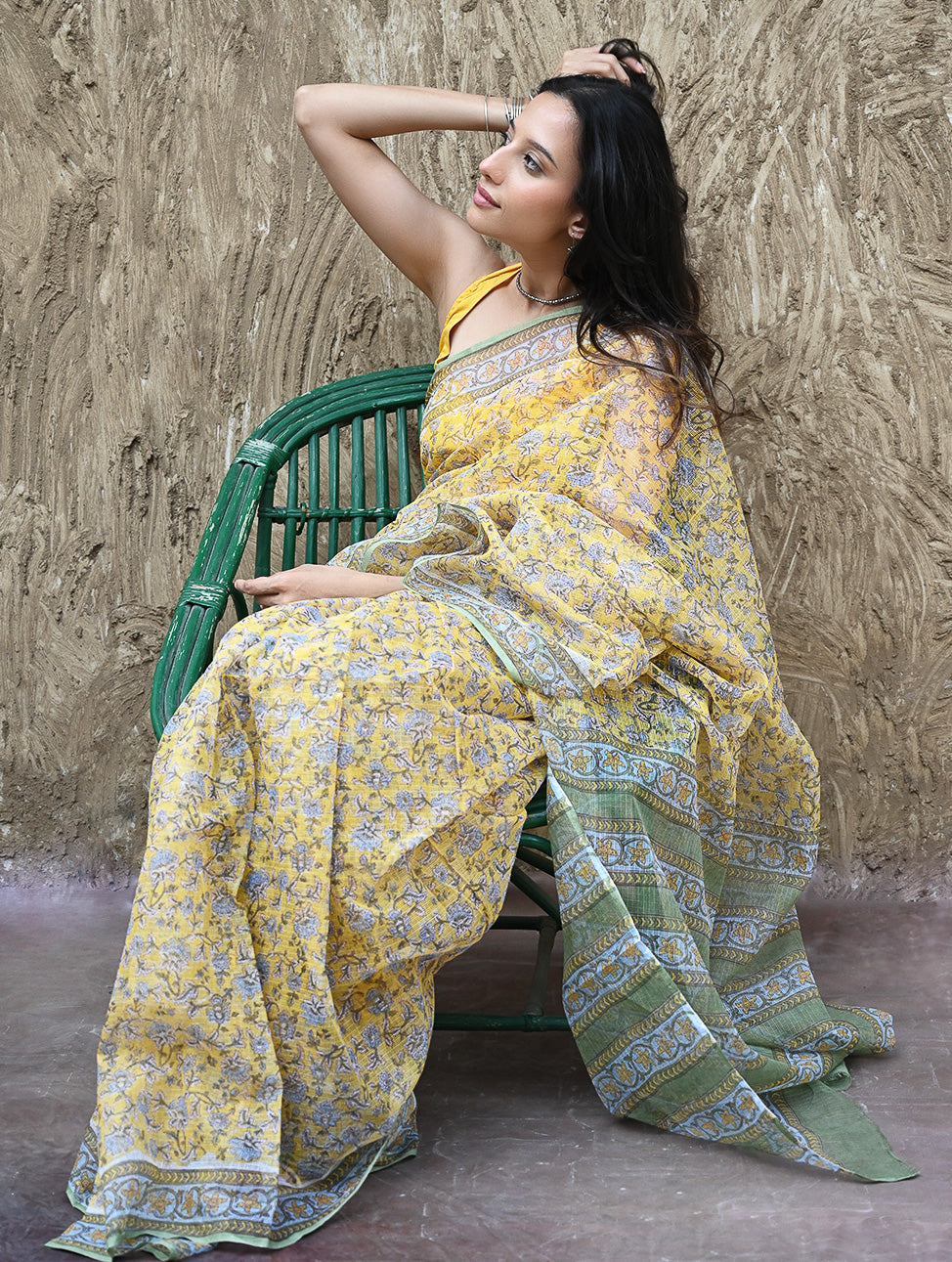 Sanganer Summers : Hand Block Printed Kota Doria Saree - Peet Pushpjaal