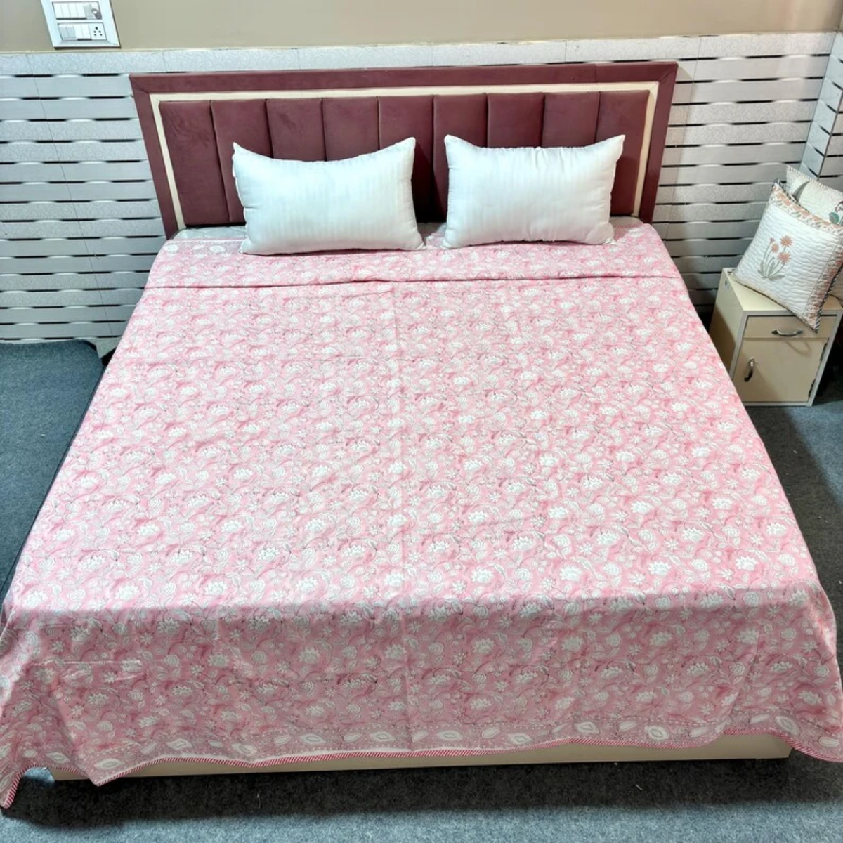 Pink Floral Cotton Reversible Indian Hand Block Dohar
