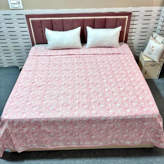 Pink Floral Cotton Reversible Indian Hand Block Dohar