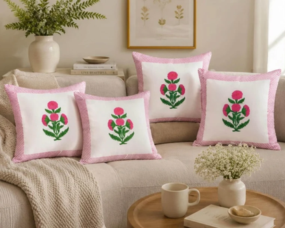 Traditional Pink Hand Block Cotton Cushion Cover