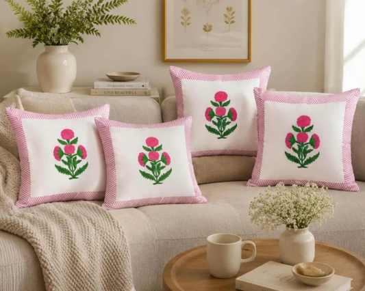 Traditional Pink Hand Block Cotton Cushion Cover