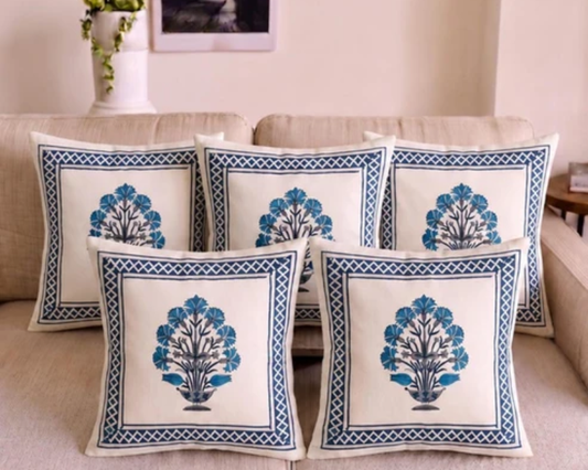Blue Botanical Hand Block Print Boho Style Cotton Cushion Cover