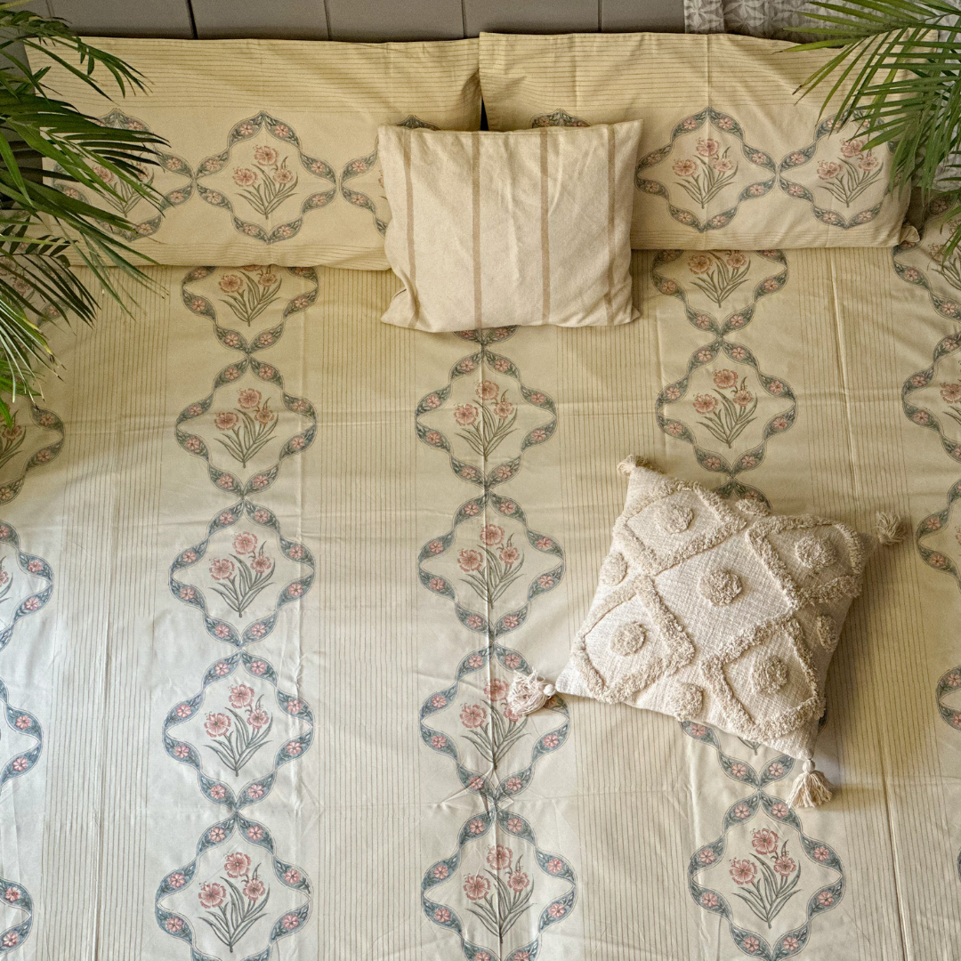 Chrysanthemum Beige Hand Block Printed Cotton King Size Bedsheet Set