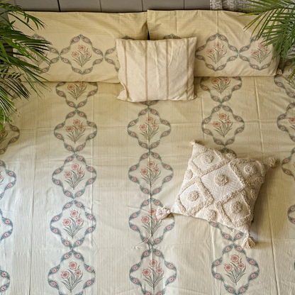 Chrysanthemum Beige Hand Block Printed Cotton King Size Bedsheet Set