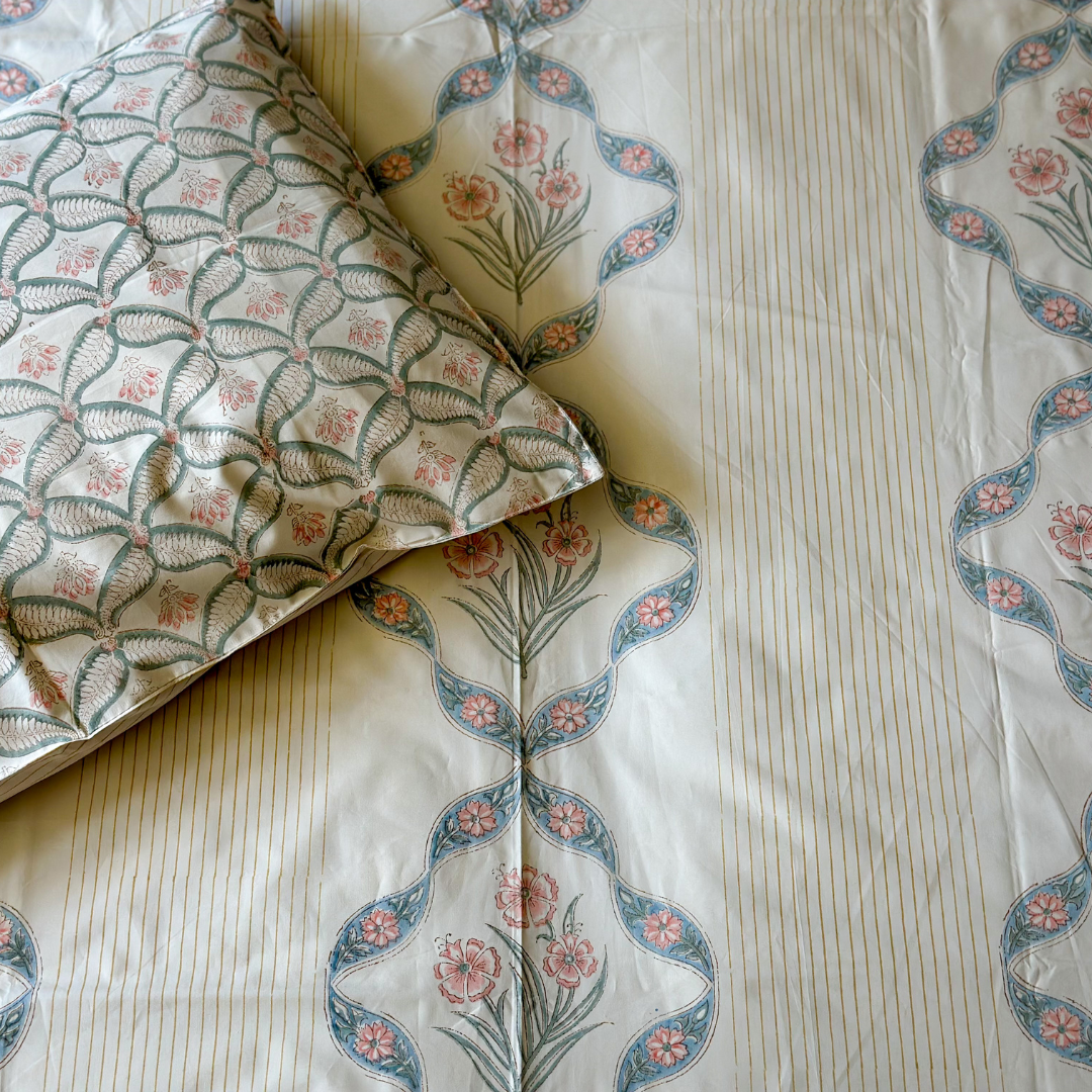 Chrysanthemum Beige Hand Block Printed Cotton King Size Bedsheet Set