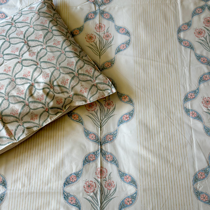 Chrysanthemum Beige Hand Block Printed Cotton King Size Bedsheet Set