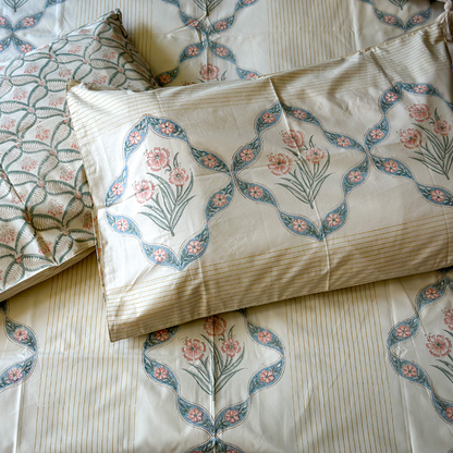 Chrysanthemum Beige Hand Block Printed Cotton King Size Bedsheet Set