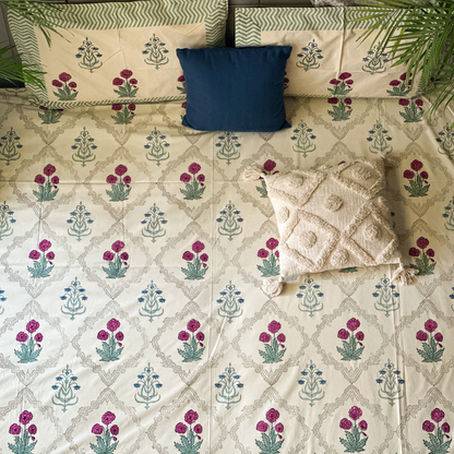 Wine Camellia Hand Block Printed Beige Bed Sheet Pure Cotton Super King Bedsheet by Heritagewear
